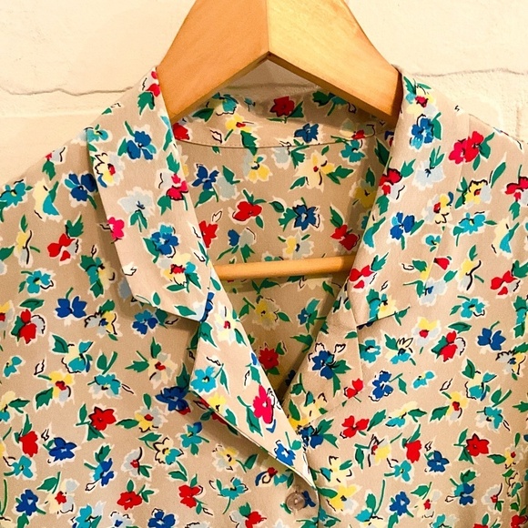 Vintage Button Down shirt Floral Cream Kelly green Red Blue Retro Coquette M - Picture 4 of 7